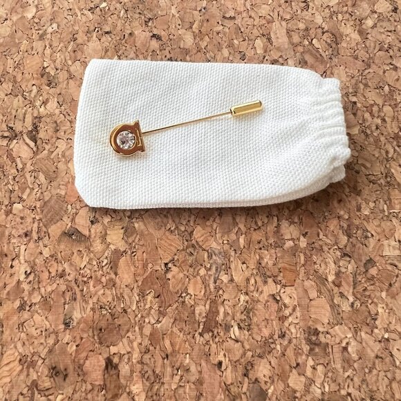Ferragamo Men 2 Gancini Gold Tone Crystal Lapel Scarf Tie Stick Pin NWOT - Picture 3 of 9